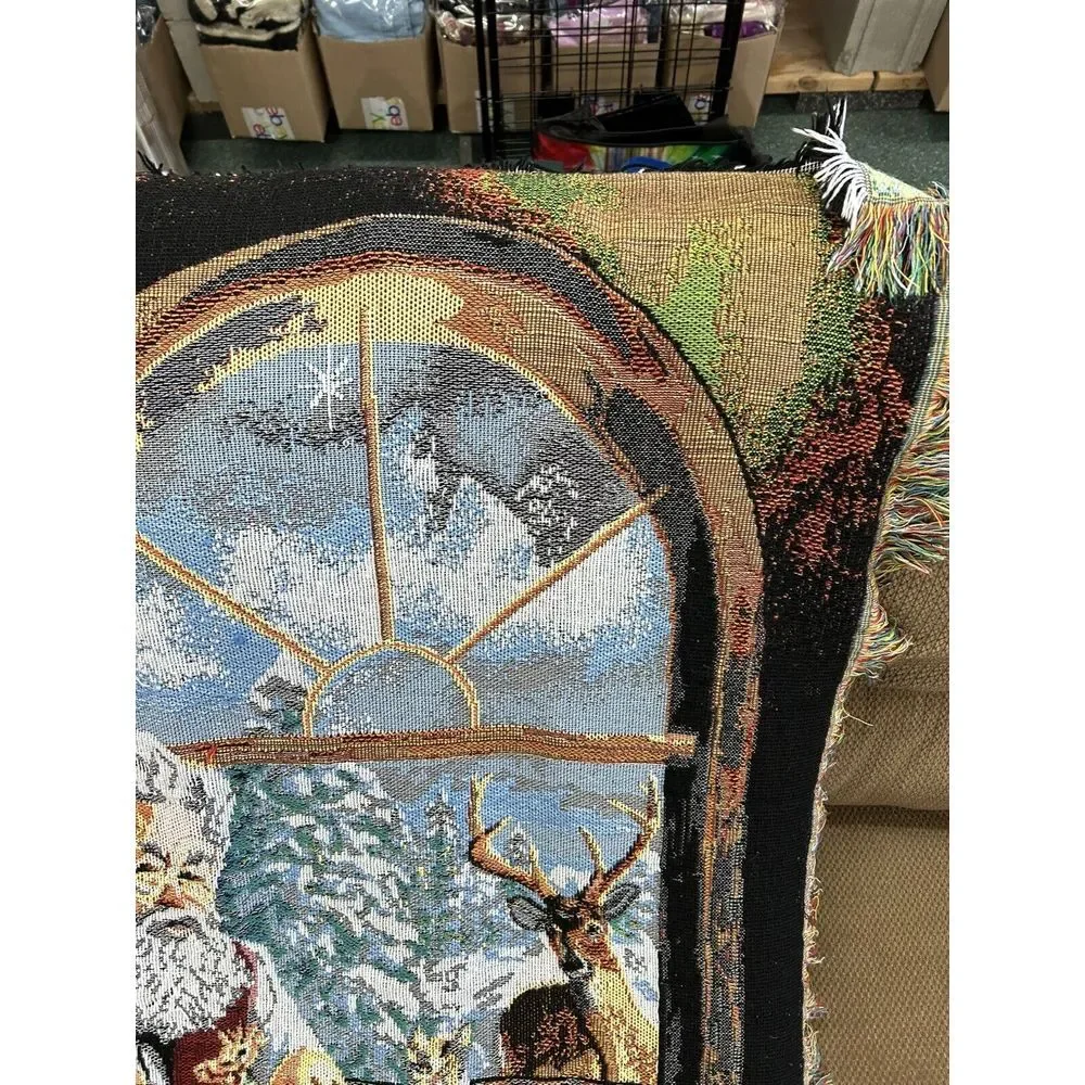 Tapestry Throw Blanket Santa Workshop Christmas Scene‎ Cozy Home Decor